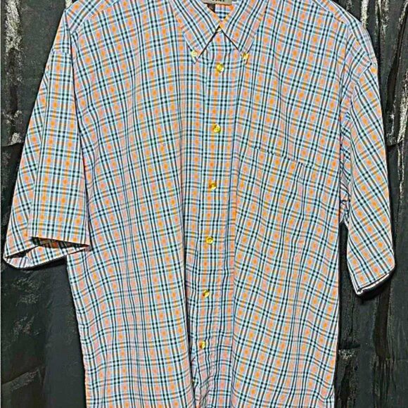 3/$20. Oleg Cassini Blue and Orange Casual Button Down Shirt - Picture 2 of 8